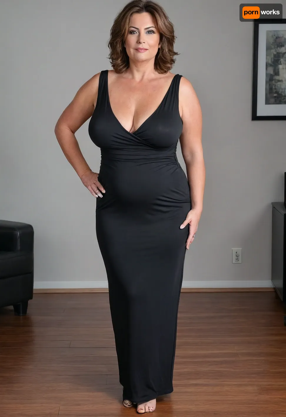 Full body shot, 50 year old woman, layered haircut, green eyes, black tight thin v-neck maxidress, obese, chubby, wide hips, curvy, cleavage, small floppy breasts, sagging breasts, deflated breasts, tan lines, brown hair, upturned nose, SaggySlimXL, <lora:updated_saggy_slim:1>, <lora:clothed_small:.5>, bottomheavy, big, ass, huge, gigantic, thick, thighs, massive, <lora:bottomheavy_v1_sdxl_tags:.8>