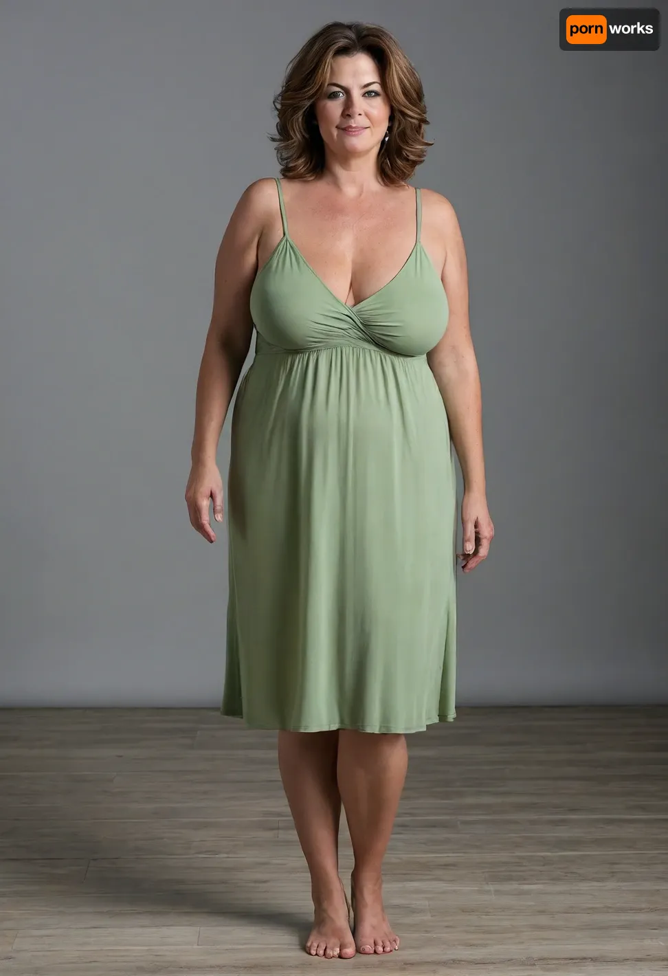 Full body shot, 50 year old woman, layered haircut, green eyes, thin v-neck spaghetti strap dress, fupa, cameltoe, obese, chubby, big hips, wide hips, curvy, small floppy breasts, sagging breasts, deflated breasts, tan lines, brown hair, upturned nose, SaggySlimXL, <lora:updated_saggy_slim:1>, <lora:clothed_small:.5>