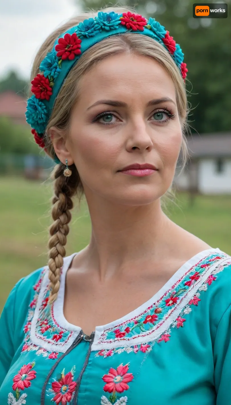 (4K UHD ultra-detailed RAW photo), high detailed, 8k, (photorealistic:1.7), chubby 1women 50 yo, in village, ((standing)), ((milf:1.5)), (((wearing turquoise Ukrainian summer national costume, Embroidery, floral headband))), ((voluminous blonde braid around head haircut)), 1/2 length view, ((sad:1.5)), (makeup:1.3), (4K, high resolution, best quality), tiedtobed, face, up, down, frontal, at, angle, close, rope, black, white, <lora:add-detail-xl:.5>, <lora:222513_training_data:1>