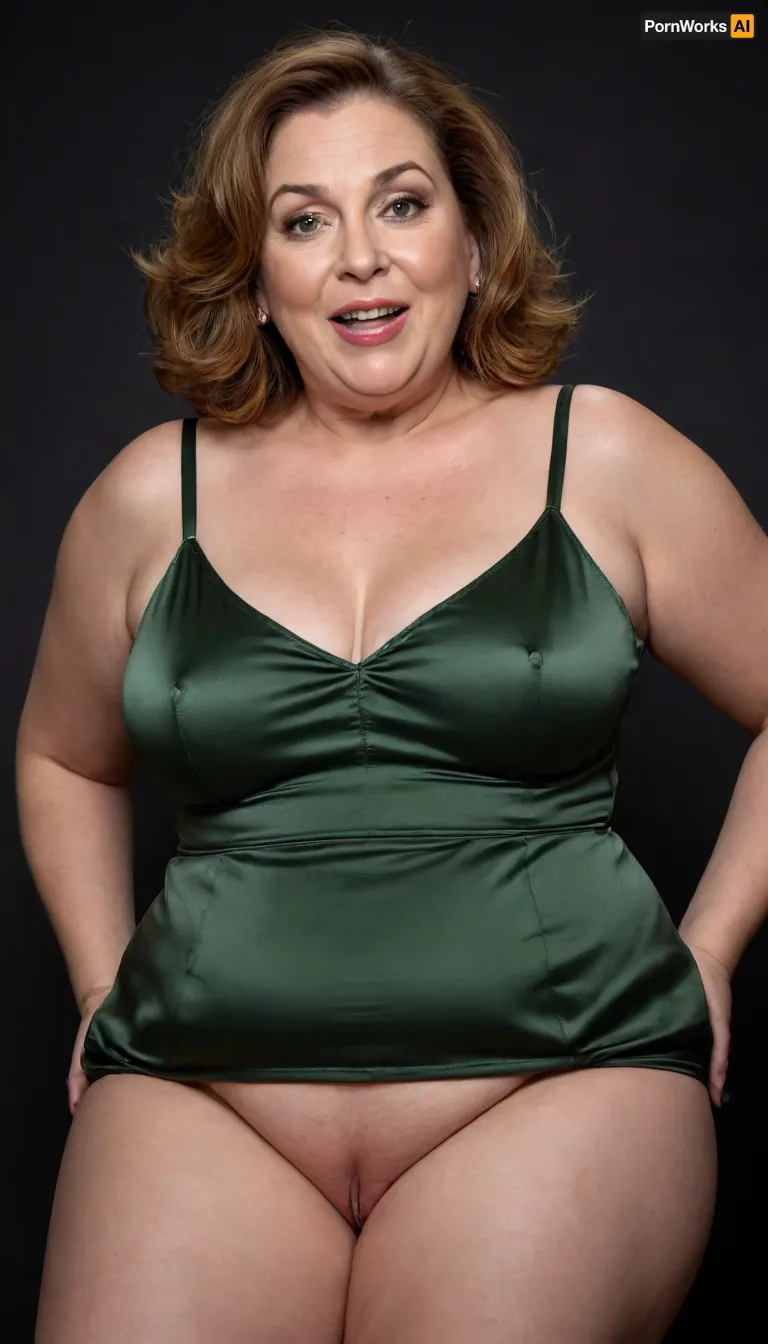 chestnut hair, Obese, gilf, (Close-up), portrait photo a mature chubby gilf, fat round face, double chin, 60 years old Woman, big eyes, green eyes, layered haircut, chubby jawline, pokies, seductive smile, lips parted, (mouth open:1.3), teeth showing, big lips, looking at viewer, (solid blank dark background:1.3), eye level shoot, film grain, style by Flora Borsi, OverallDetail, satin sleeveless spaghetti strap minidress, fupa, cameltoe, wide, hips, saggy, sagging, droopy, eye contact, cellulite