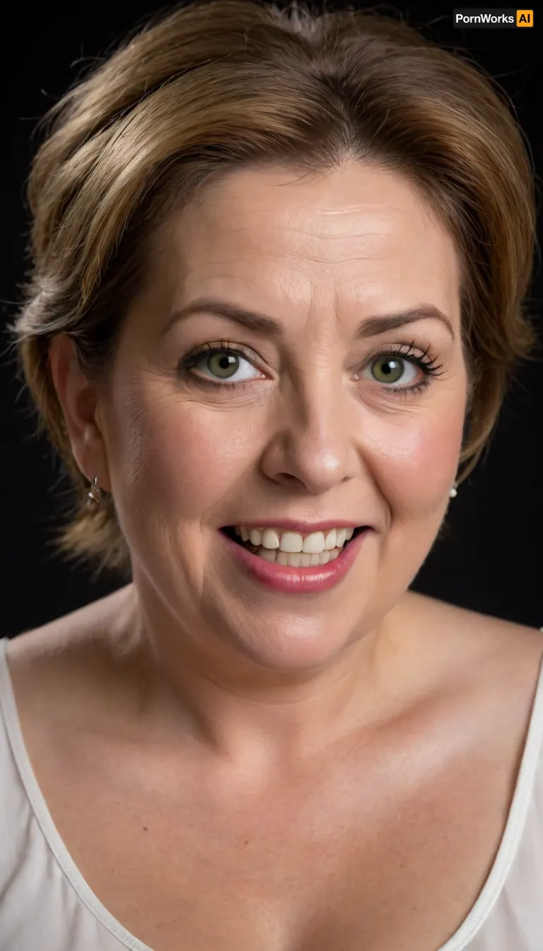 chestnut hair, ponytail, Obese, (gilf), wrinkles, portrait photo a mature chubby gilf, fat round face, double chin, 50 years old Woman, big eyes, green eyes, layered haircut, chubby jawline, pokies, seductive smile, lips parted, (mouth open:1.3), teeth showing, big lips, looking at viewer, (solid blank dark background:1.3), eye level shoot, film grain, style by Flora Borsi, OverallDetail, white satin sleeveless spaghetti strap minidress, fupa, wide, hips, saggy, sagging, droopy, cleavage, eye contact, cellulite