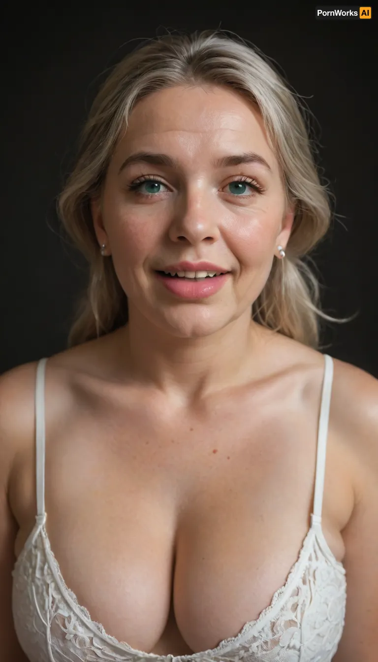 chestnut hair, ponytail, Obese, (gilf), wrinkles, portrait photo a mature chubby gilf, fat round face, double chin, 50 years old Woman, big eyes, green eyes, layered haircut, chubby jawline, pokies, seductive smile, lips parted, (mouth open:1.3), teeth showing, big lips, looking at viewer, (solid blank dark background:1.3), eye level shoot, film grain, style by Flora Borsi, OverallDetail, white satin sleeveless spaghetti strap minidress, fupa, wide, hips, saggy, sagging, droopy, cleavage, eye contact, cellulite