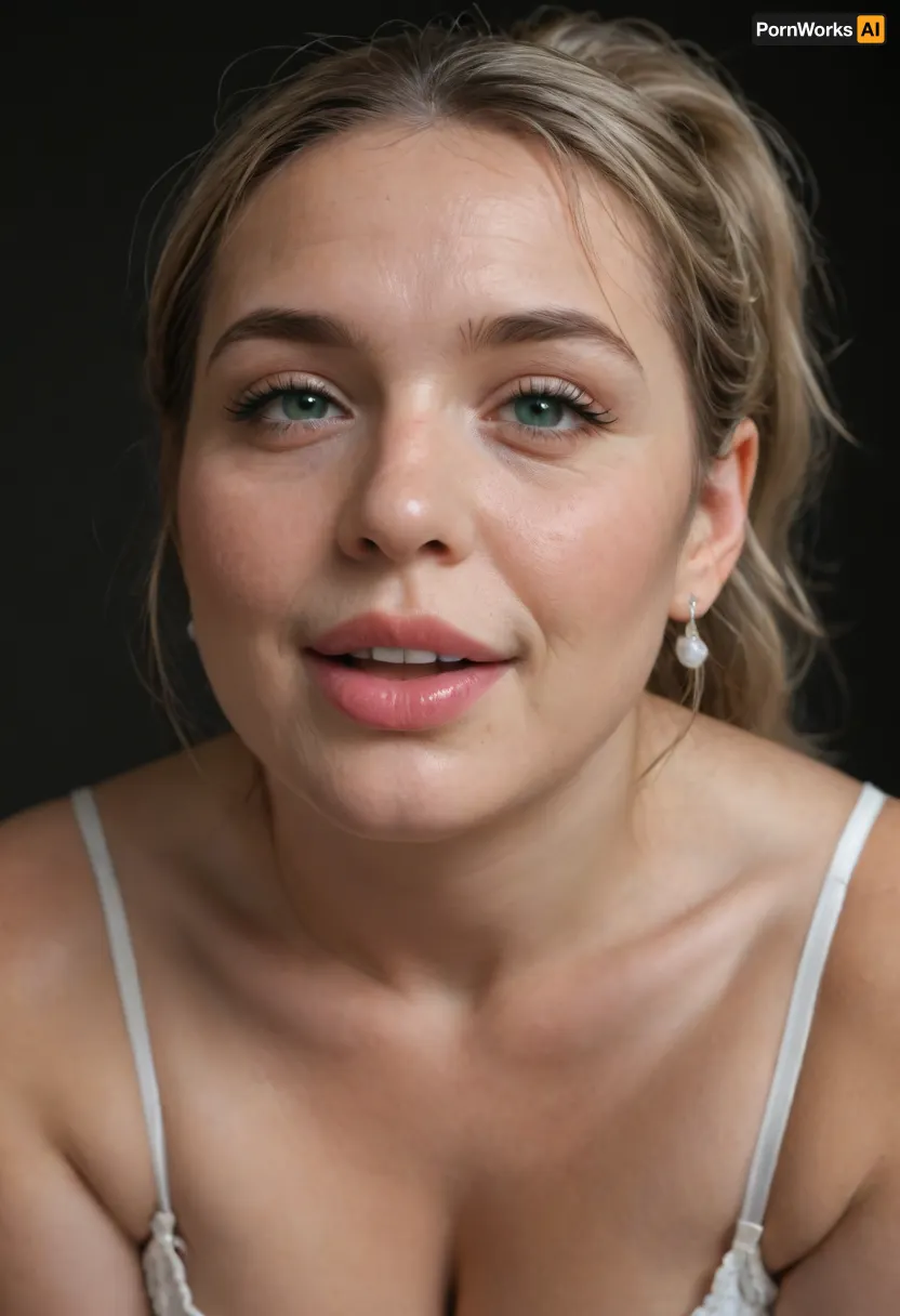 chestnut hair, ponytail, Obese, (gilf), wrinkles, portrait photo a mature chubby gilf, fat round face, double chin, 50 years old Woman, big eyes, green eyes, layered haircut, chubby jawline, pokies, seductive smile, lips parted, (mouth open:1.3), teeth showing, big lips, looking at viewer, (solid blank dark background:1.3), eye level shoot, film grain, style by Flora Borsi, OverallDetail, white satin sleeveless spaghetti strap minidress, fupa, wide, hips, saggy, sagging, droopy, cleavage, eye contact, cellulite, downblouse, nipslip, <lora:RealDownblouseXL2:.8>, sucking, cock, <lora:cockteaseLoRASDXL:.8>