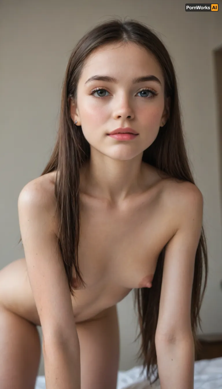 (((Close-up girl))), (very young petite face:1.9), narrow face, narrow jaw chin, very long hair, 18 year old, girl, (((nude naked))), brunette, beautiful, masterpiece, best quality, all fours, (((moles all over the body))), (ultra realistic:1.3), (maximum quality:1.3), (high resolution:1.3), (extreme detail:1.3), (ultra realism:1.3), (maximum detailed skin:1.3), (((very long big thick eyelashes))), ((narrow waist)), (((wide hips))), (((makeup))), ((blush)), lipstick, (face, chest, navel, hips), (((very hard long nipples))), smirk, (((very shiny skin))), (((very spicy snub nose)))