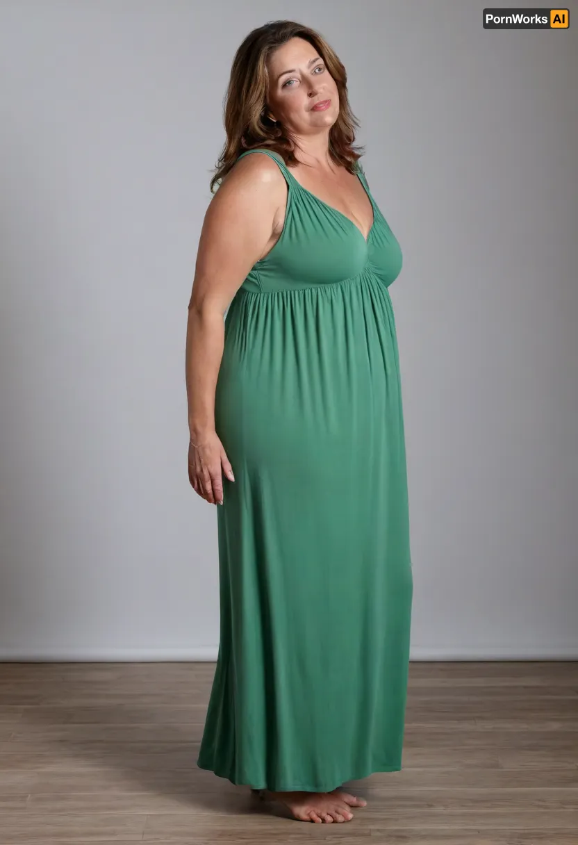 3/4 side view, Full body shot, 50 year old woman, green eyes, thin maxidress, obese, chubby, wide hips, curvy, small floppy breasts, sagging breasts, deflated breasts, tan lines, brown hair, upturned nose, SaggySlimXL, <lora:updated_saggy_slim:1>, <lora:clothed_small:.5>