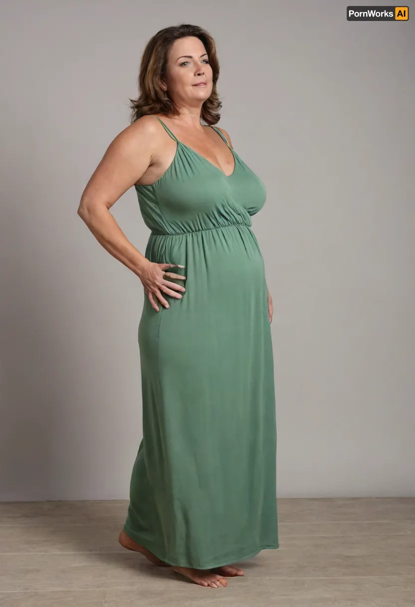 3/4 side view, Full body shot, 50 year old woman, green eyes, thin maxidress, chubby, wide hips, curvy, small floppy breasts, sagging breasts, deflated breasts, tan lines, brown hair, upturned nose, SaggySlimXL, <lora:updated_saggy_slim:1>, <lora:clothed_small:.5>