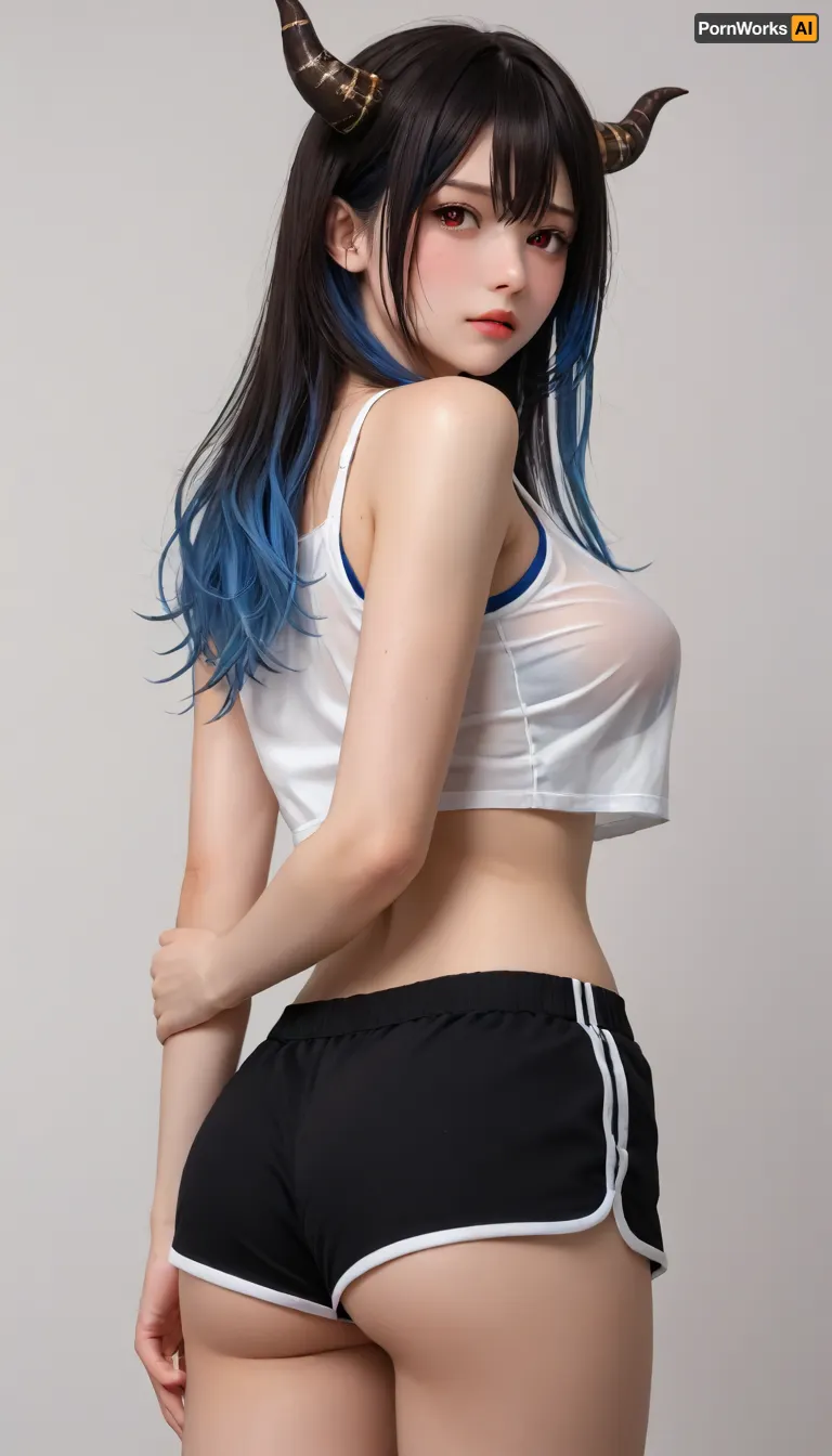 (hololive english:1), (nerissa ravencroft), 1girl, arm behind back, ass, asymmetrical horns, black hair, black shorts, blue hair, blush, breasts, colored inner hair, crop top, (dolphin shorts:1), from behind, hair between eyes, horns, large breasts, long hair, mole, mole under eye, multicolored hair, red eyes, see through clothes, shorts, simple background, solo, uneven horns, very long hair, virtual youtuber, wet, white background