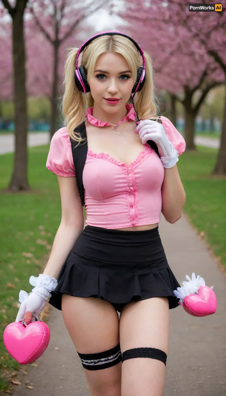 cute girl, two ponytails, blonde, long hair, white roots, pink blouse, ruffled blouse, no bra, bursting breast, two hairpins, hairpins with a heart, black skirt, wide skirt, miniskirt, pink headphones, headphones on the neck, pink handbag on the shoulder, medium breasts, straight legs, apple butt, white knee socks, high sneakers, black and white sneakers, in the park, alone, whole body in frame, happy, smiling, pink nails, pink lips, blue eyes, dotted nose, belly button, short sleeves, elbow gloves, fishnet gloves, pink gloves, fingerless gloves