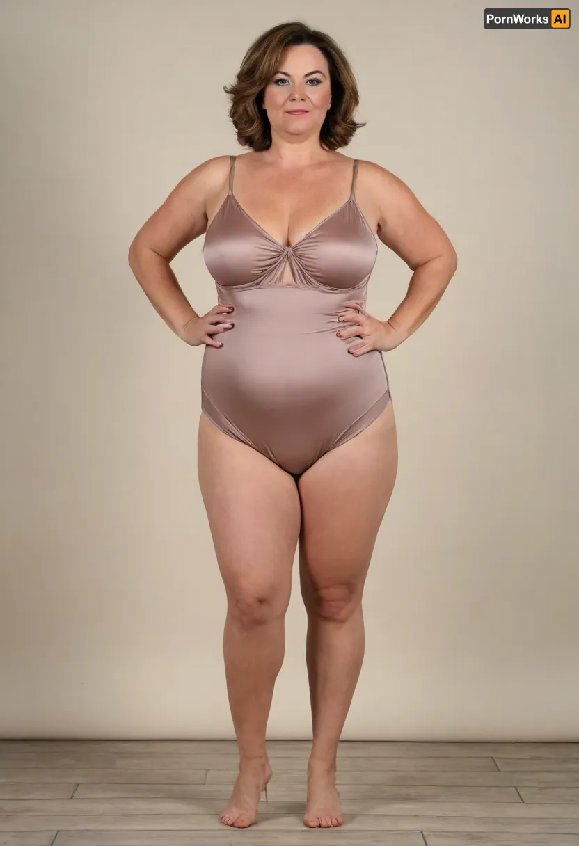 Full body shot, 50 year old woman, layered haircut, green eyes, silk v-neck spaghetti strap leotard, silk highwaist shorts, obese, chubby, wide hips, curvy, small floppy breasts, sagging breasts, deflated breasts, tan lines, brown hair, upturned nose, SaggySlimXL, <lora:updated_saggy_slim:1>, <lora:clothed_small:.5>, bottomheavy, big, ass, huge, gigantic, thick, thighs, massive, <lora:bottomheavy_v1_sdxl_tags:.8>