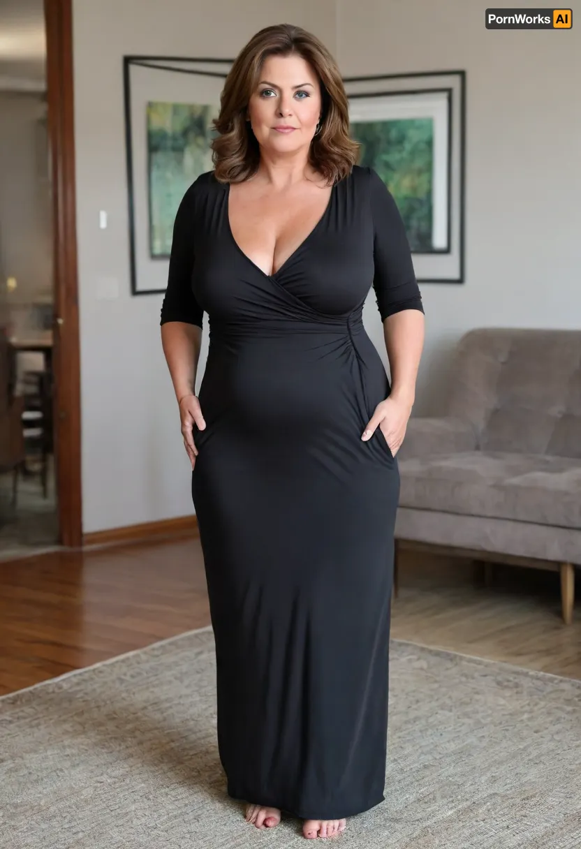 Full body shot, 50 year old woman, layered haircut, green eyes, black tight thin v-neck maxidress, obese, chubby, wide hips, curvy, cleavage, small floppy breasts, sagging breasts, deflated breasts, tan lines, brown hair, upturned nose, SaggySlimXL, <lora:updated_saggy_slim:1>, <lora:clothed_small:.5>, bottomheavy, big, ass, huge, gigantic, thick, thighs, massive, <lora:bottomheavy_v1_sdxl_tags:.8>