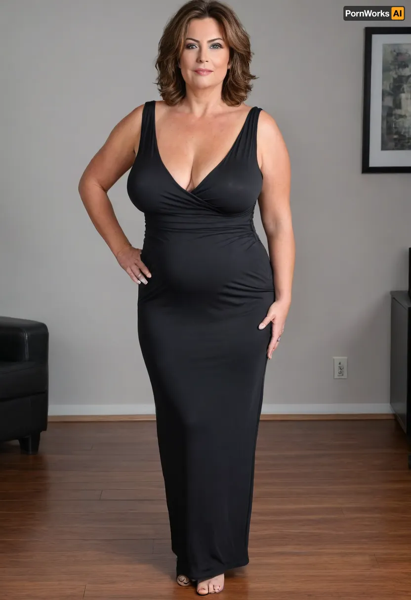 Full body shot, 50 year old woman, layered haircut, green eyes, black tight thin v-neck maxidress, obese, chubby, wide hips, curvy, cleavage, small floppy breasts, sagging breasts, deflated breasts, tan lines, brown hair, upturned nose, SaggySlimXL, <lora:updated_saggy_slim:1>, <lora:clothed_small:.5>, bottomheavy, big, ass, huge, gigantic, thick, thighs, massive, <lora:bottomheavy_v1_sdxl_tags:.8>