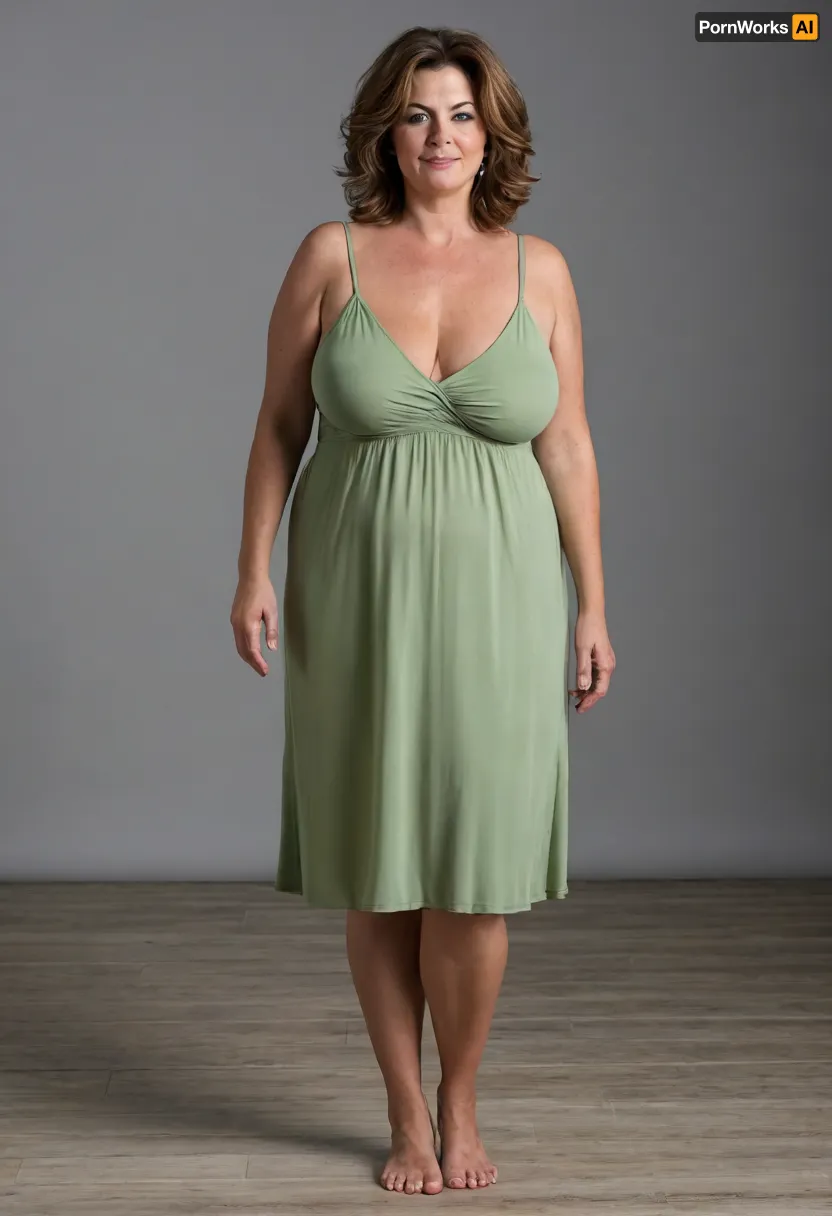 Full body shot, 50 year old woman, layered haircut, green eyes, thin v-neck spaghetti strap dress, fupa, cameltoe, obese, chubby, big hips, wide hips, curvy, small floppy breasts, sagging breasts, deflated breasts, tan lines, brown hair, upturned nose, SaggySlimXL, <lora:updated_saggy_slim:1>, <lora:clothed_small:.5>