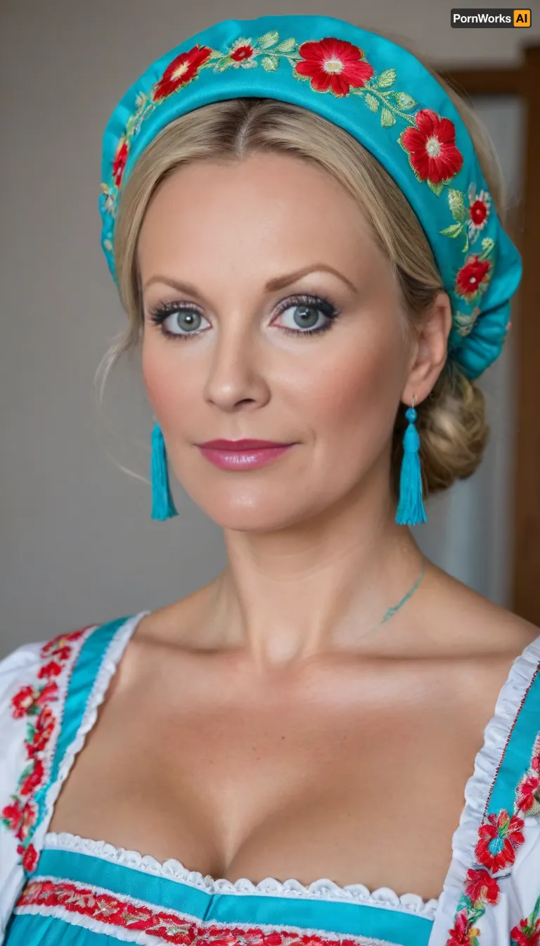 (4K UHD ultra-detailed RAW photo), high detailed, 8k, (photorealistic:1.7), chubby 1women 50 yo, in village, ((standing)), ((milf:1.5)), (((wearing turquoise Ukrainian summer national costume, Embroidery, floral headband))), ((voluminous blonde updo haircut)), 1/2 length view, ((sad:1.5)), (makeup:1.3), (4K, high resolution, best quality), tiedtobed, face, up, down, frontal, at, angle, close, rope, black, white, <lora:add-detail-xl:.5>, <lora:222513_training_data:1>