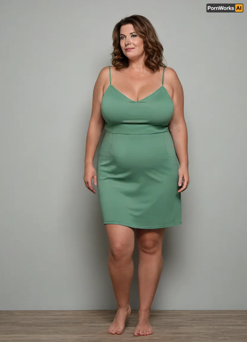 3/4 side view, Full body shot, 50 year old woman, green eyes, thin spaghetti strap minidress, obese, plump, chubby, big hips, wide hips, curvy, small floppy breasts, sagging breasts, deflated breasts, tan lines, brown hair, upturned nose, SaggySlimXL, <lora:updated_saggy_slim:1>, <lora:clothed_small:.5>