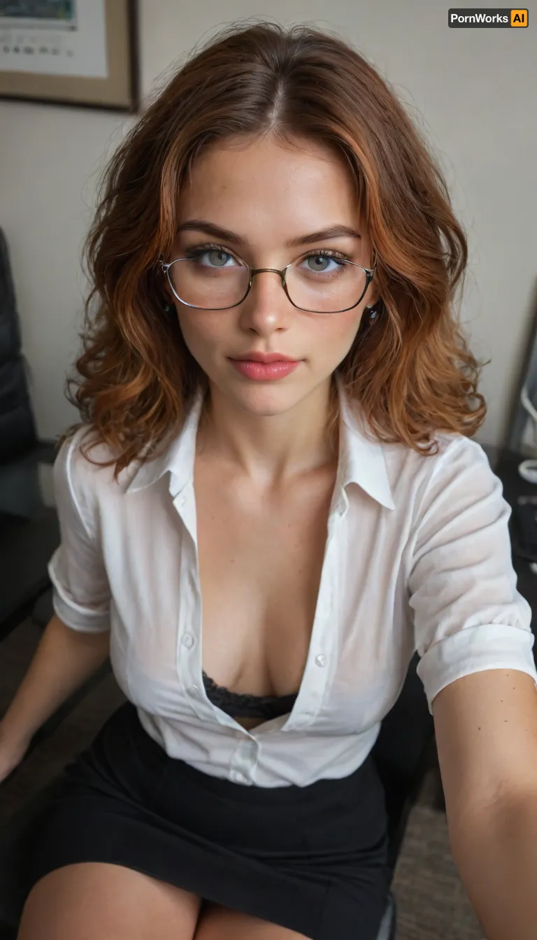 ziprealism, (score_9, score_8_up, score_7_up), (medium closeup shot, intimate face portrait, sharp focus, focus on eyes, perfect eyes, high angle:1.2), (naughty secretary, elegant woman, confident, mischievous eyes, wide jaw, defined jawline, high chiseled cheekbones, seductive smirk, raised eyebrow), (pale skin, vibrant auburn hair with dark undertones, luxurious stylish hair, loose strands of hair, voluminous hair, stylish glasses), (unbuttoned blouse, business skirt, sensual esthetic, cozy office, intimate moment:1.2), nighttime, shadowplay, overexposed, igbaddie, <lora:igbaddie-XL:.8>, <lora:add-detail-xl:.8>