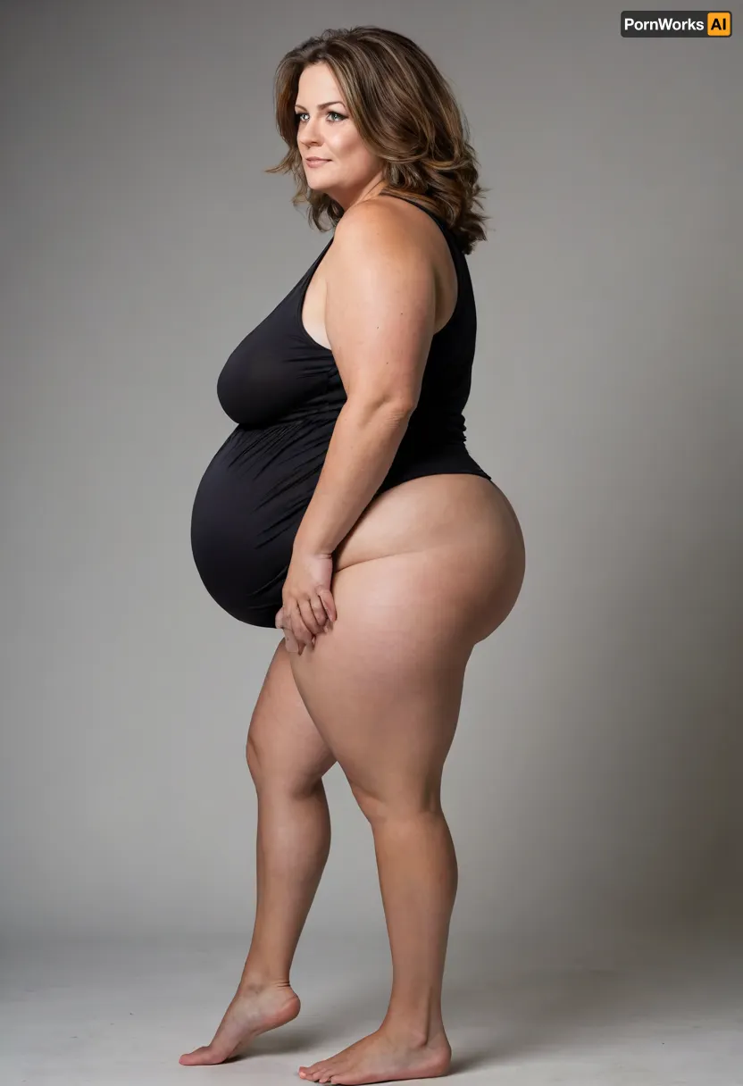 side view, Full body shot, 50 year old woman, layered haircut, long hair, green eyes, black thin dress, obese, chubby, wide hips, curvy, small floppy breasts, sagging breasts, deflated breasts, tan lines, brown hair, upturned nose, SaggySlimXL, <lora:updated_saggy_slim:1>, <lora:clothed_small:.5>, bottomheavy, big, ass, huge, gigantic, thick, thighs, massive, <lora:bottomheavy_v1_sdxl_tags:.8>