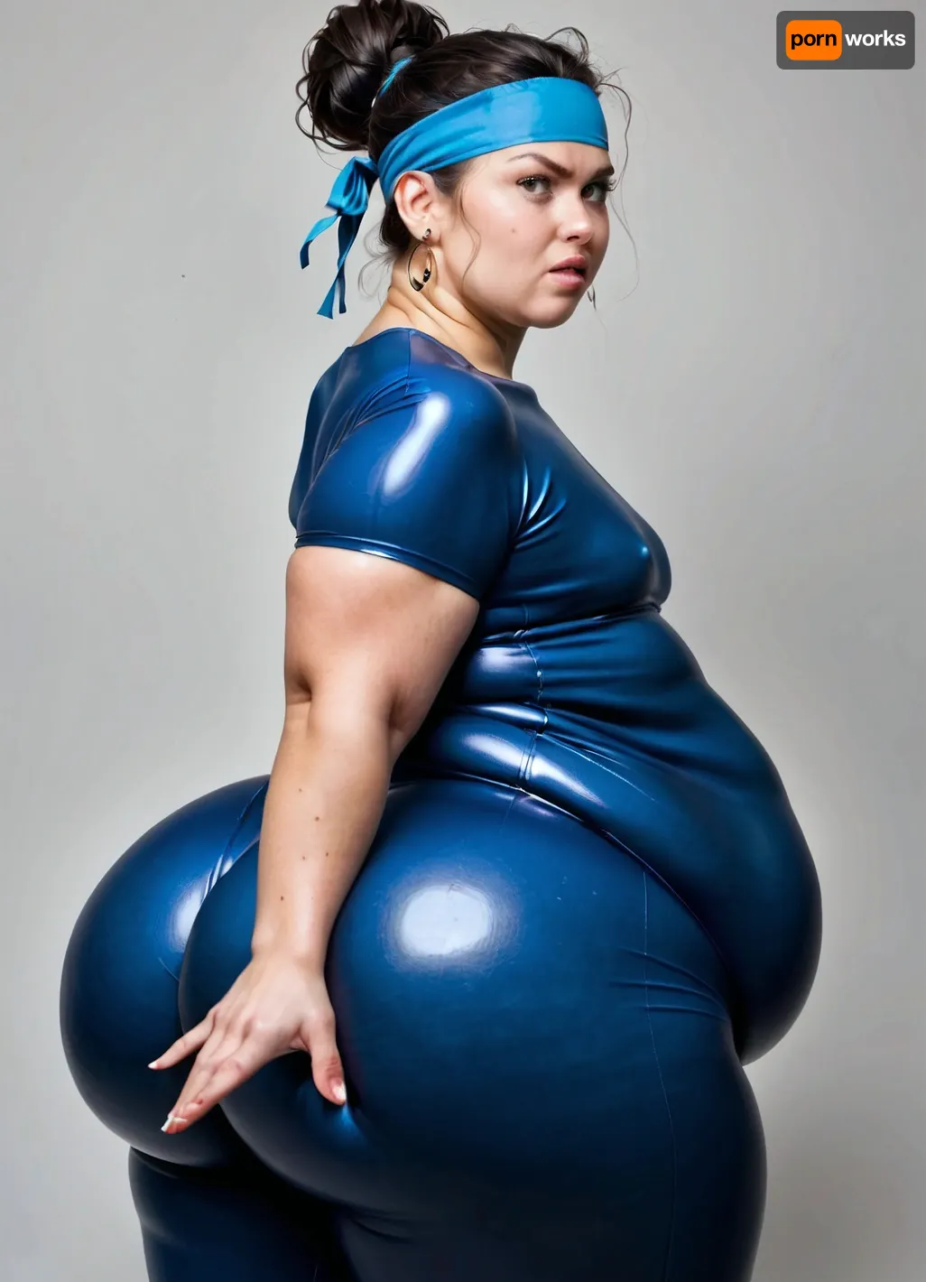 ultra realistic, side view, extremely obese 40 year old woman, bouncing butt, big obese fat plump woman, super plump, flat chest, headband, wearing a supertight spandex jumpsuit, obesity, wide waist, wide hips, fat belly, thick thighs, thicks top body, (oversized rounded butt), straight ponytail hairstyle, black hair, messy hairbun, good hands, perfect fingers, (((oversized hips))), (big round butt), (super rounded butt:1.5), gigantic curvy butt, ohwx25, girl, angry, calm, <lora:angry:1.5>