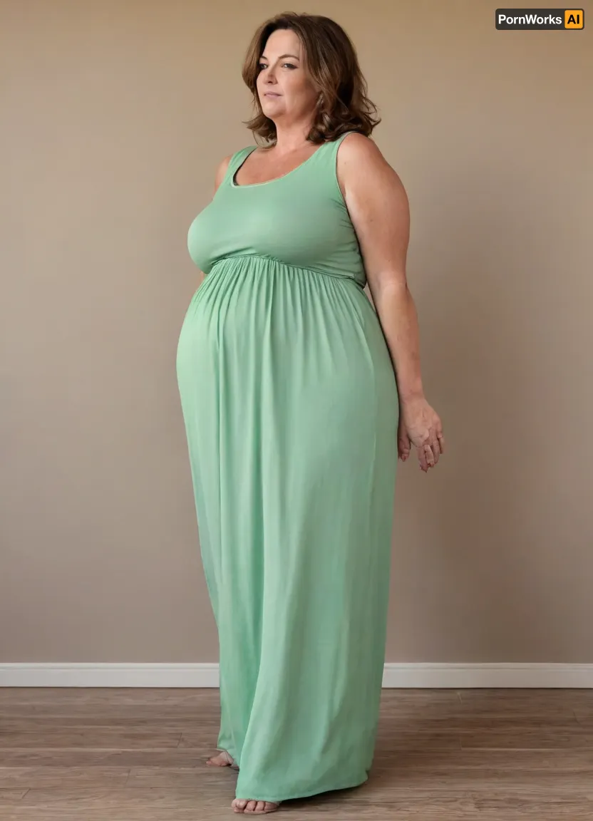 3/4 side view, Full body shot, beautiful 50 year old woman, green eyes, thin maxidress, big butt, obese, chubby, wide hips, curvy, small floppy breasts, sagging breasts, deflated breasts, tan lines, brown hair, SaggySlimXL, <lora:updated_saggy_slim:1>, <lora:clothed_small:.5>