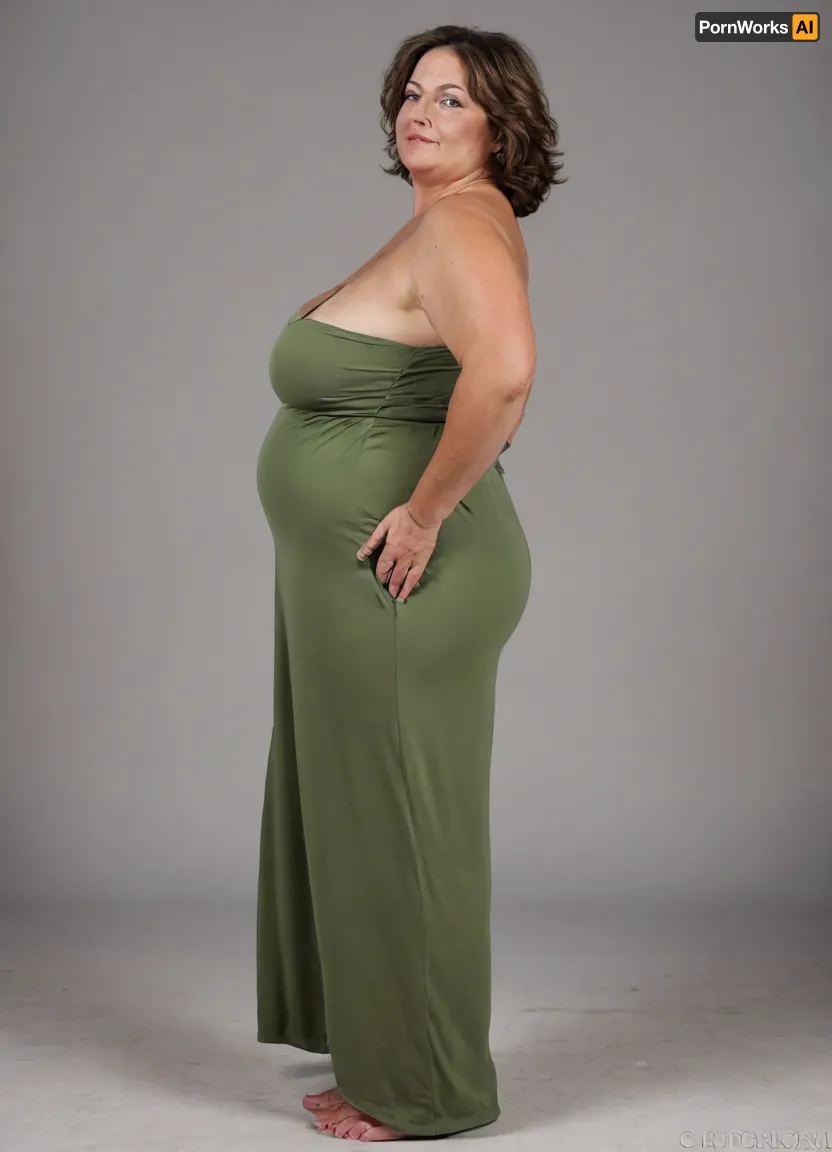 3/4 side view, Full body shot, beautiful 50 year old woman, green eyes, thin maxidress, obese, chubby, wide hips, curvy, small floppy breasts, sagging breasts, deflated breasts, tan lines, brown hair, SaggySlimXL, <lora:updated_saggy_slim:1>, <lora:clothed_small:.5>