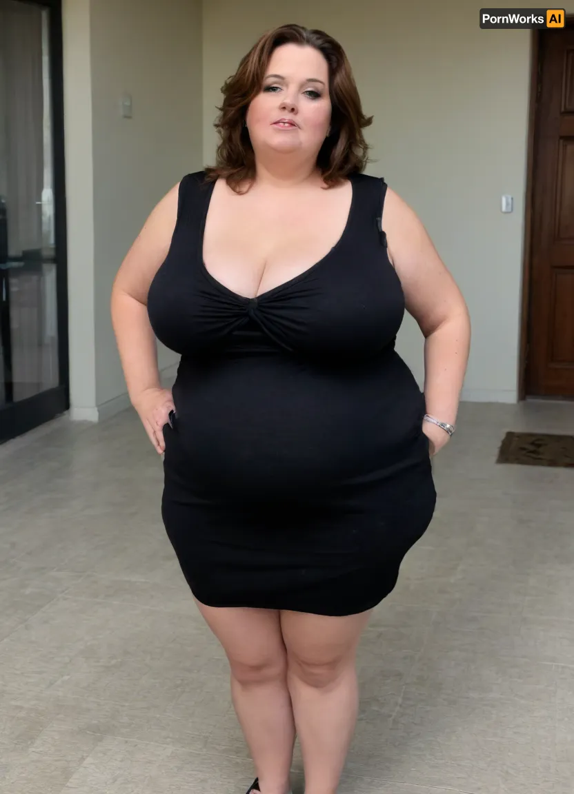 Full body shot, (obese:1.5), 60 year old woman, big eyes, thin black decolette sleeveless Short sweater minidress, fupa, obese, chubby, plump, wide hips, huge hips, curvy, big floppy breasts, sagging breasts, deflated breasts, chubby waist, SaggySlimXL, <lora:updated_saggy_slim:1>, <lora:clothed_small:.5>, downblouse, cleavage