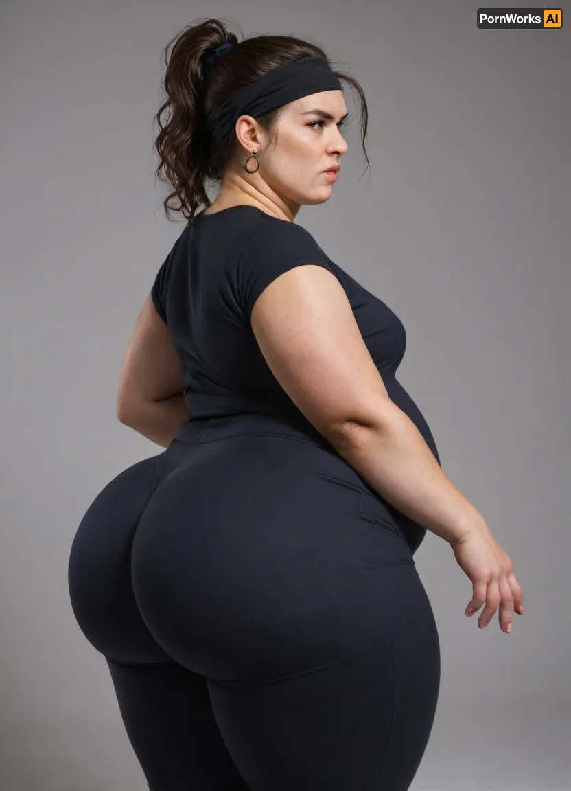 ultra realistic, side view, extremely obese 40 year old woman, bouncing butt, big obese fat plump woman, super plump, flat chest, headband, wearing a supertight spandex jumpsuit, obesity, wide waist, wide hips, fat belly, thick thighs, thicks top body, (oversized rounded butt), straight ponytail hairstyle, black hair, messy hairbun, good hands, perfect fingers, (enormous obese round butt), (super rounded butt:1.5), gigantic curvy butt, ohwx25, girl, angry, calm, <lora:angry:1.6>
