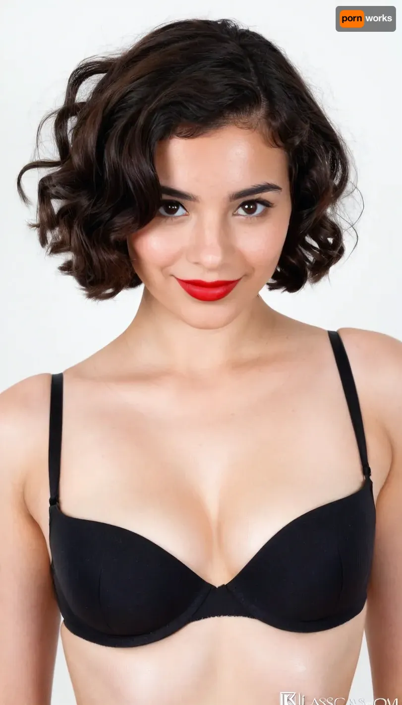 Passport photo, A 22 years old mexican woman, small sagging breasts, brunette, wearing black bra, smiling, short wavy hair, Black color hair, red lips, hyperrealistic photo, white background, Full HD, 8K