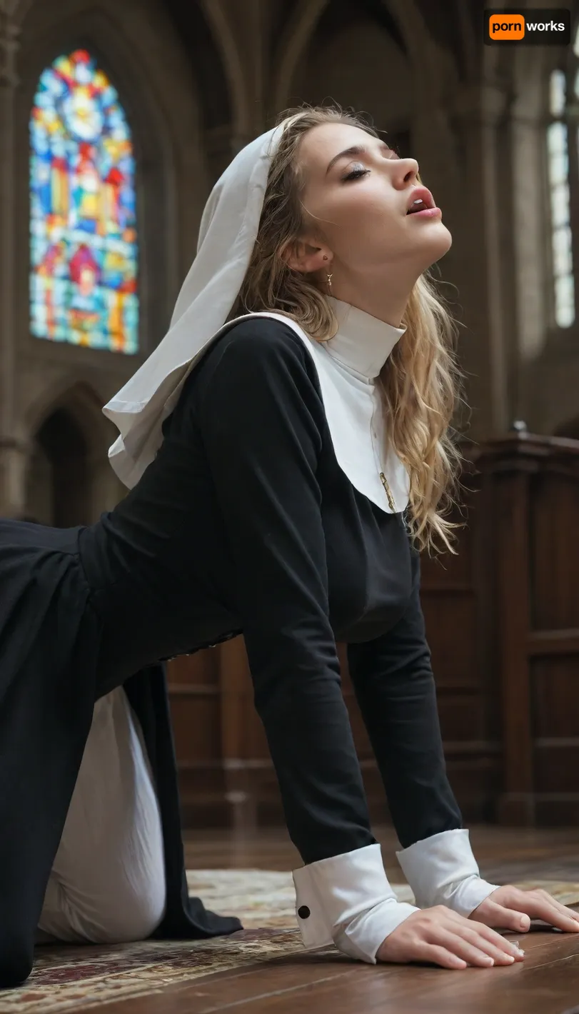 View from side, fully clothed. Not nsked. beautiful sexy nun, on all fours after being fucked, habit lifted over her arse, slender body, blonde long messy hair, moaning, mouth opened, (large natural breasts), (in a beautiful gothic church), cinematic masterpiece