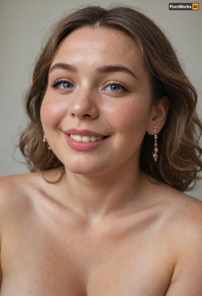 Close up portrait, Obese 60 year old gilf, chubby, naked, drooping, (saggy conical tits), (smile:1.3), (dark blonde straight hair), sagging, breasts, stretch, marks, blue eyes