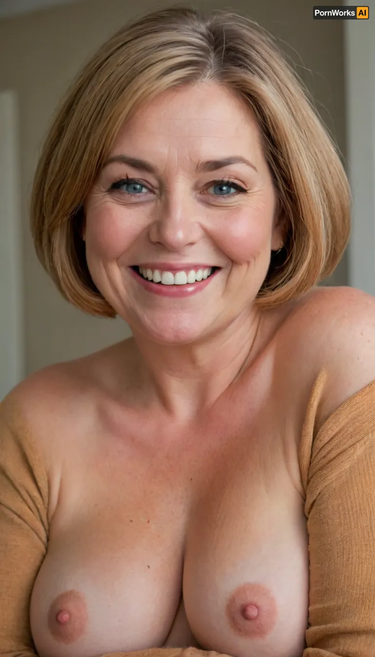 Close up portrait, Obese 60 year old gilf, chubby, naked, drooping, (saggy conical tits), (smile:1.3), (dark blonde straight hair), sagging, breasts, stretch, marks, blue eyes, aunt_cass, orange, hair, short, bob, cut, sweater, <lora:Yoru Mac XL:.8>