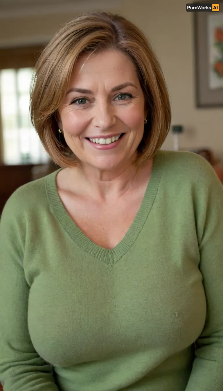 Close up portrait, Obese 60 year old gilf, fat, chubby, (drooping, saggy conical tits), (smile:1.3), (dark blonde straight hair), sagging, breasts, stretch, marks, green eyes, aunt_cass, orange, hair, short, bob, cut, sweater, <lora:Yoru Mac XL:.8>, <lora:add-detail-xl:.8>