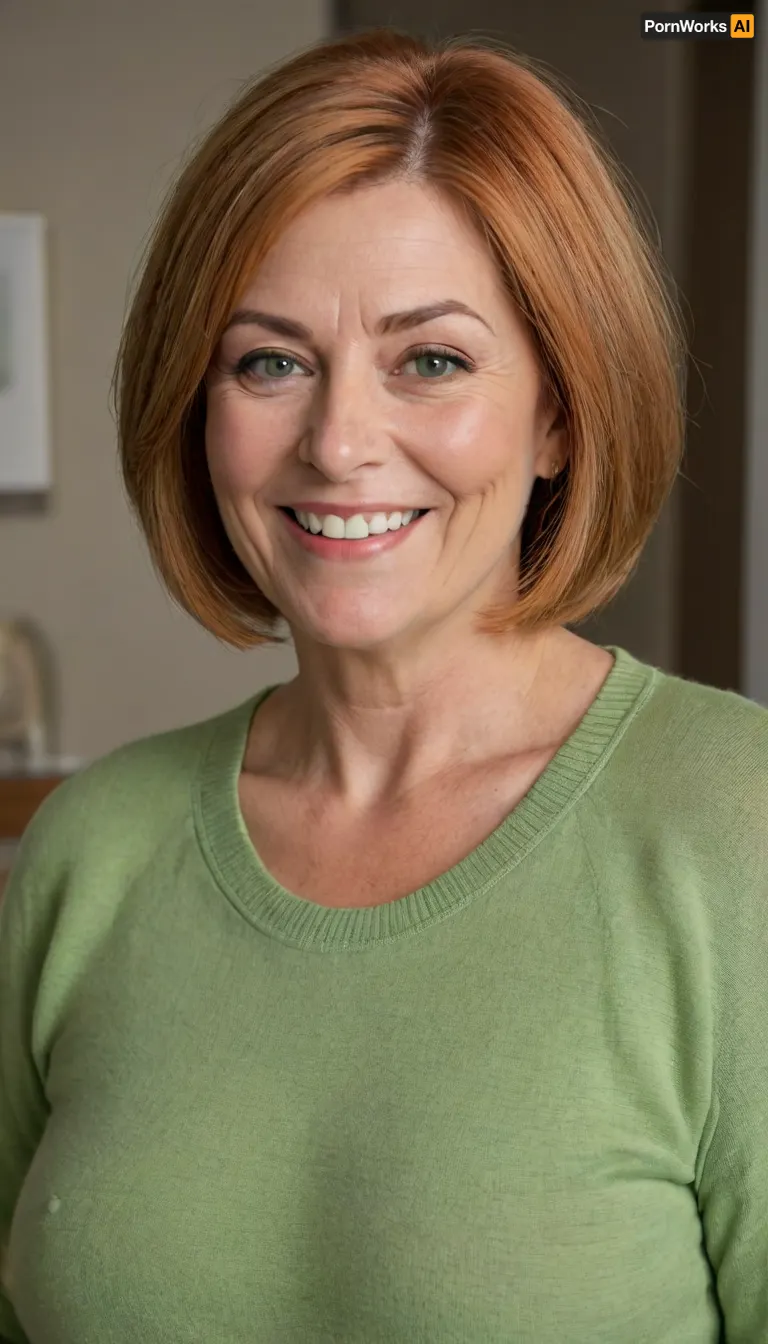 Close up portrait, Obese 60 year old gilf, fat, chubby, (drooping, saggy conical tits), (smile:1.3), (dark blonde straight hair), sagging, breasts, stretch, marks, green eyes, aunt_cass, orange, hair, short, bob, cut, thin sweater, <lora:Yoru Mac XL:.8>, <lora:add-detail-xl:.8>