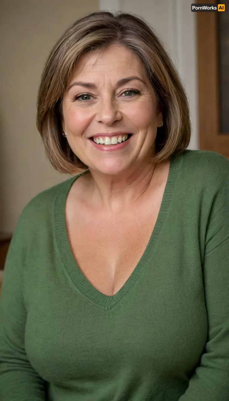 Close up portrait, Obese 60 year old gilf, fat, chubby, (drooping, saggy conical tits), (smile:1.3), (dark blonde straight hair), sagging, breasts, stretch, marks, green eyes, aunt_cass, brown, hair, short, bob, cut, sweater, <lora:Yoru Mac XL:.8>, <lora:add-detail-xl:.8>