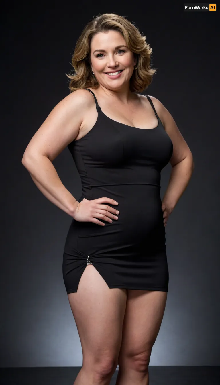 This full-shot image features fat mature woman in her 50s, striking a pose against a plain black background. She has light brown hair that reaches her shoulders and is styled with a side part, framing her face. She is wearing a black dress with thin straps, though the full extent of the dress is not visible. Her left arm is bent at the elbow, with her hand near her chest, wearing a wedding ring. She is smiling broadly, revealing her teeth, and looking towards the right side of the frame. Her posture suggests a dynamic movement, with her body slightly twisted and her legs spread apart as if in mid-step. The lighting is from the front, illuminating her face and the front of her body. She has a big ass.