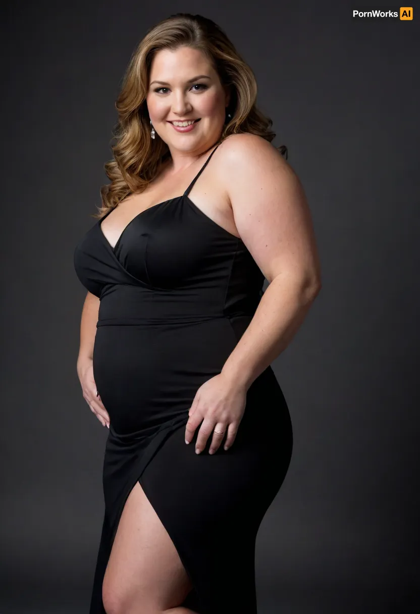 This full-shot image features fat ssbbw mature woman in her 50s, striking a pose against a plain black background. She has light brown hair that reaches her shoulders and is styled with a side part, framing her face. She is wearing a black dress with thin straps, though the full extent of the dress is not visible. Her left arm is bent at the elbow, with her hand near her chest, wearing a wedding ring. She is smiling broadly, revealing her teeth, and looking towards the right side of the frame. Her posture suggests a dynamic movement, with her body slightly twisted and her legs spread apart as if in mid-step. The lighting is from the front, illuminating her face and the front of her body. She has a big ass.