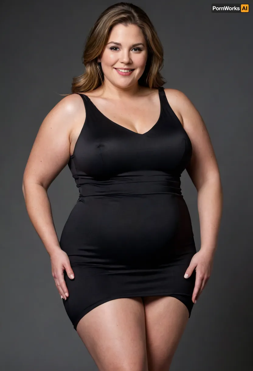 This full-shot image features fat ssbbw mature woman in her 50s, striking a pose against a plain black background. She has light brown hair that reaches her shoulders and is styled with a side part, framing her face. She is wearing a black dress with thin straps, though the full extent of the dress is not visible. Her left arm is bent at the elbow, with her hand near her chest, wearing a wedding ring. She is smiling broadly, revealing her teeth, and looking towards the right side of the frame. Her posture suggests a dynamic movement, with her body slightly twisted and her legs spread apart as if in mid-step. The lighting is from the front, illuminating her face and the front of her body. She has a big ass.