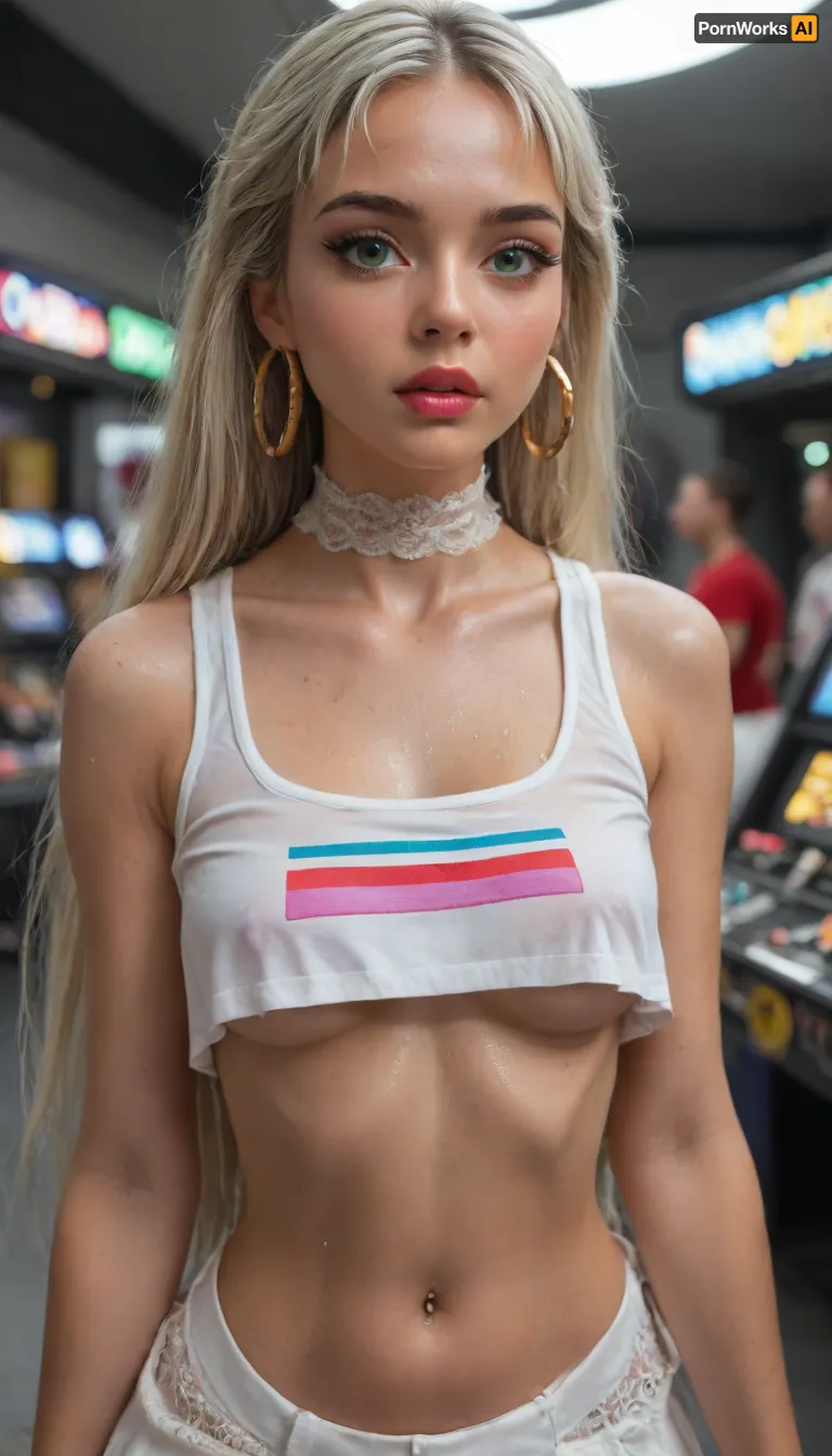 (((Platinum ash blonde hair))), (((very petite young girl))), focus face, (((detaled blue green eyes))), (Close-up girl), chel el dorado, extremely beautiful face, long shiny hair, wet skin, tight choker, large hoop earrings, sweaty skin, blush, firm round breasts, jeweled navel piercing, (lace-up pink fishnet stockings), arcade, (((Underboob))), sports bra, ((white mini micro skirt)), high thong, headphones with feline ears, (((moles all over the body))), (ultra realistic:1.3), (maximum quality:1.3), (high resolution:1.3), (extreme detail:1.3), (ultra realism:1.3), (maximum detailed skin:1.3), (((long big thick black eyelashes))), ((narrow waist)), ((wide hips)), ((makeup)), ((blush)), (lipstick), (shock)