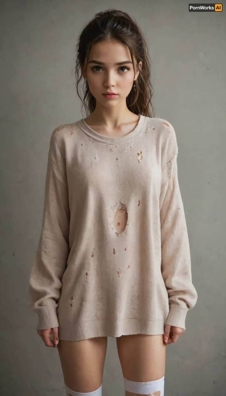 skinny girl, cute, brunette, ponytail hair, long oversized ripped sweater, partial nudity, high socks