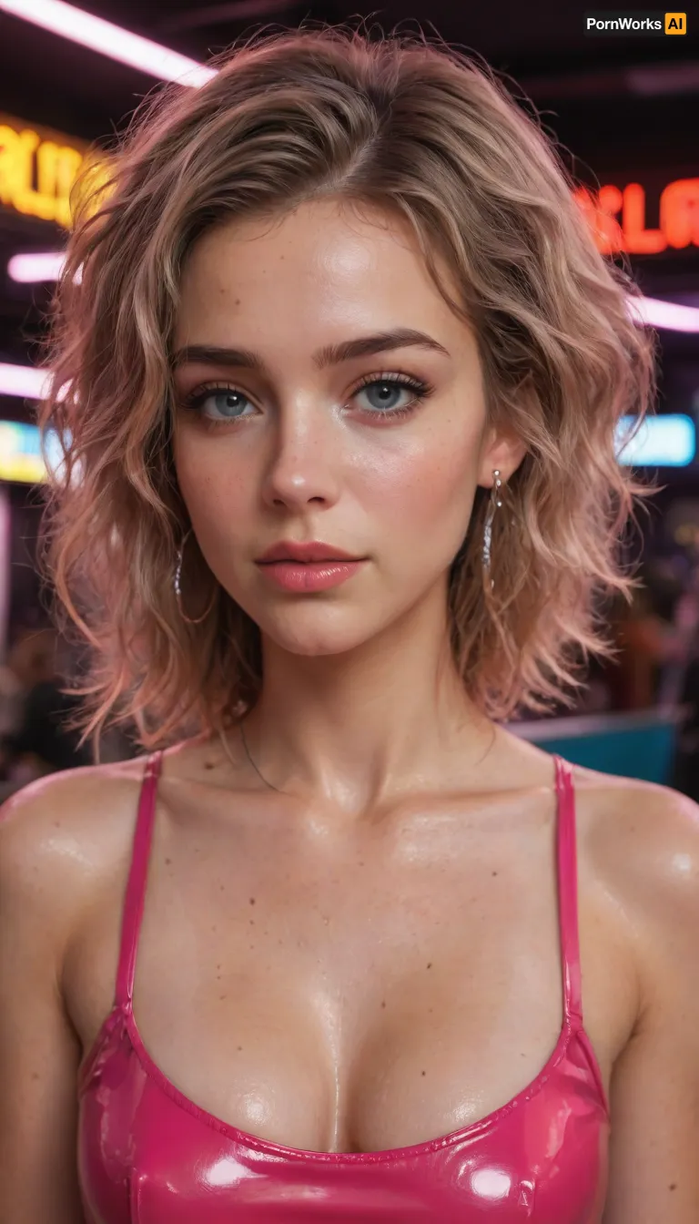 slutty white adult pornstar, slutty pink latex, neon nightclub, perfect, hdr, perfect face, wet body, spit coming out of