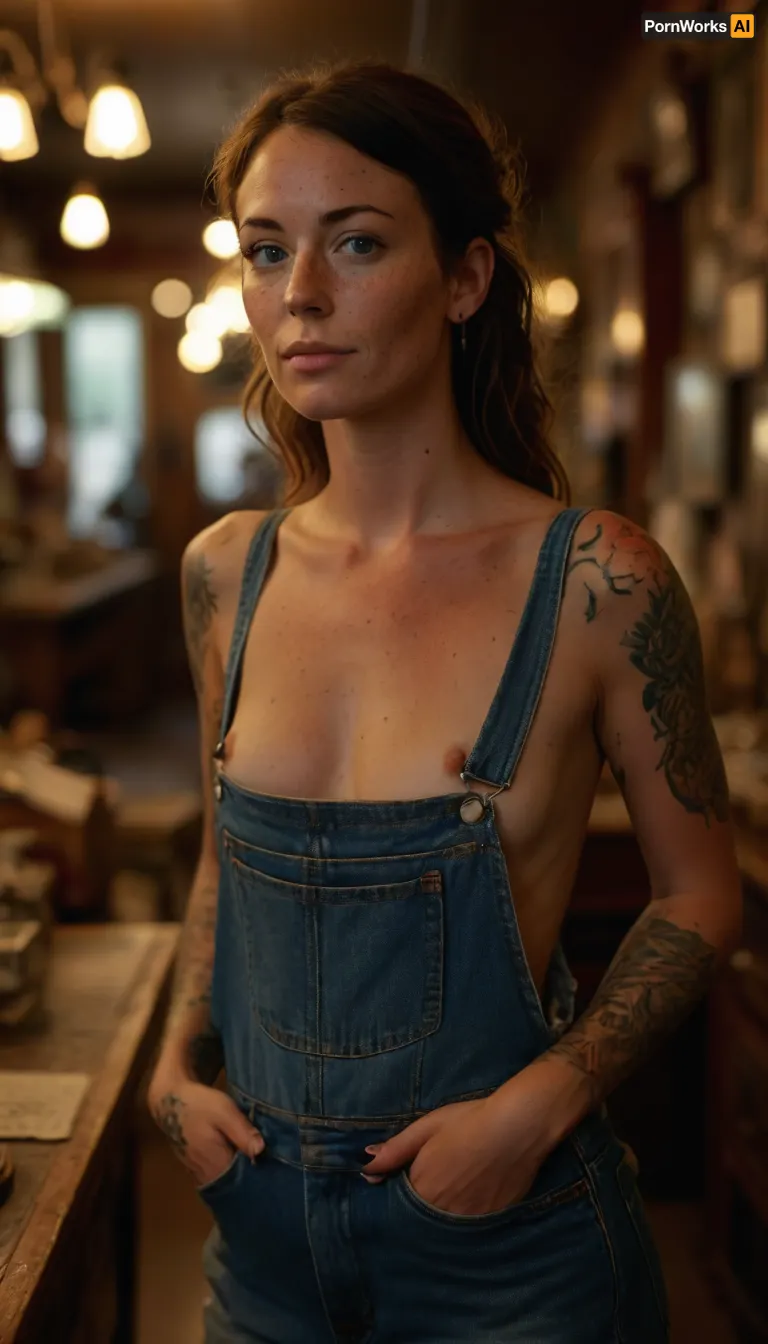 Gorgeous 32-year-old hipster woman wearing denim overalls with no shirt underneath, shopping in an antique store, freckles, light makeup, tattoos, tanlines, medium breasts, rank_9, <lora:MJ52:.8>