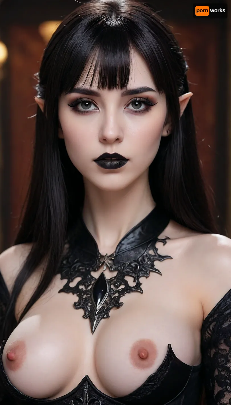 (Melkor Mancin art style), gothic, goth, (asian), pale skin, dark black eyes, black hair, bangs hair, black eyeliner, (black lipstick), white skin, perfect eyes, small eyes, detailed eyes, small nose, good anatomy, ultra detailed, high resolution, fake breasts, slut face, whore, (ahegao:1), sexy posing