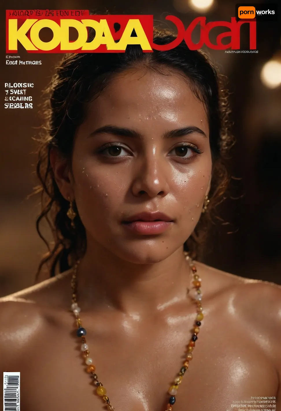 (sweaty wet oiled skin), Filipino moroccan woman with wavy tied hair wearing traditional floral topless saree outfit at night sweating a lot and getting wet, (uneven skin tone), ((Magazine title cover page, sweaty wet skin edition)), golden jewelries politician edition, upper body view, (((face covered in sweat beads and glistening skin, with every sweat bead clearly visible))), full body view