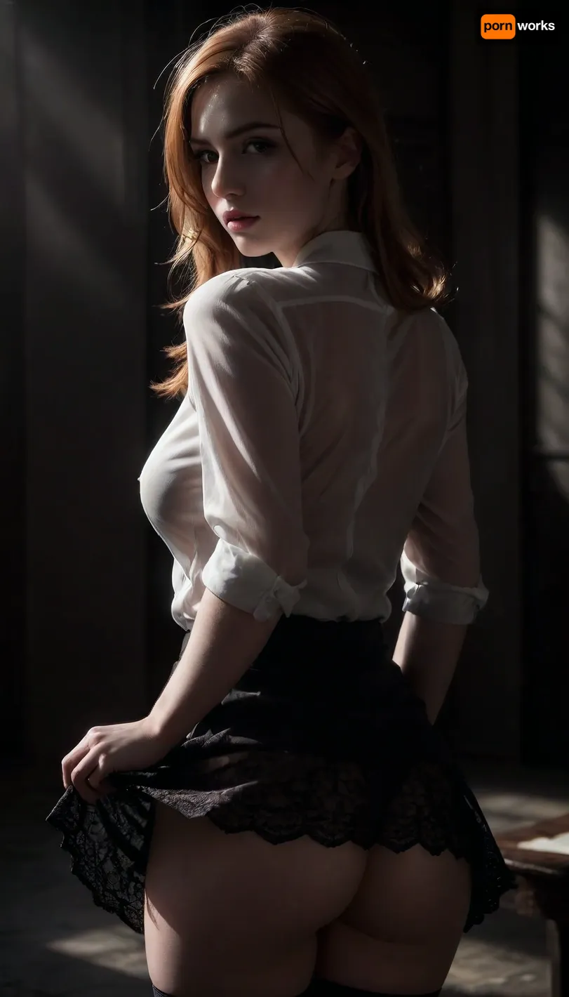 dark alley, professional photography, high quality, artistic, soft, romantic atmosphere, beautiful thin ginger hair woman secretary 18 year old, unbuttoned white shirt, (show bra), show pussy, upskirt, black lace bra, black skirt, no panties, stockings, back view, (((windyskirtlift))), (wind skirt lift), (((wind, lift, tug))), ((windyupskirt)), (((strong wind))), hairy pussy, skirtlift, undressing, <lora:skirtlift_xl:.5>, <lora:add-detail-xl:2>, <lora:dark:.8>, <lora:undressing_XL_v1:2>, sunlight_str1, <lora:sunlight_str1-SDXL_v1-dim64-steps1691:.8>