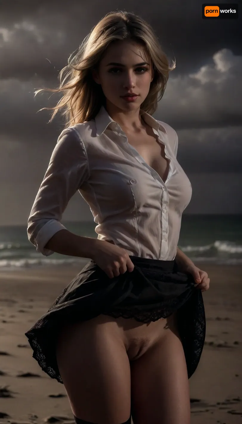 beach, professional photography, high quality, artistic, soft, romantic atmosphere, beautiful thin blonde woman secretary 18 year old, united white shirt, (show bra), show pussy, upskirt, storm, black lace bra, skirt, stocking, (((windyskirtlift))), ((skirt torn off by the wind)), ((skirt inflated by the wind)), (wind skirt lift), (((wind, lift, tug))), (((wind lifring skirt))), ((windyupskirt)), (((strong wind))), hairy pussy, skirtlift, undressing, sunlight_str1, <lora:skirtlift_xl:.5>, <lora:add-detail-xl:2>, <lora:dark:.8>, <lora:undressing_XL_v1:2>, <lora:sunlight_str1-SDXL_v1-dim64-steps1691:.8>