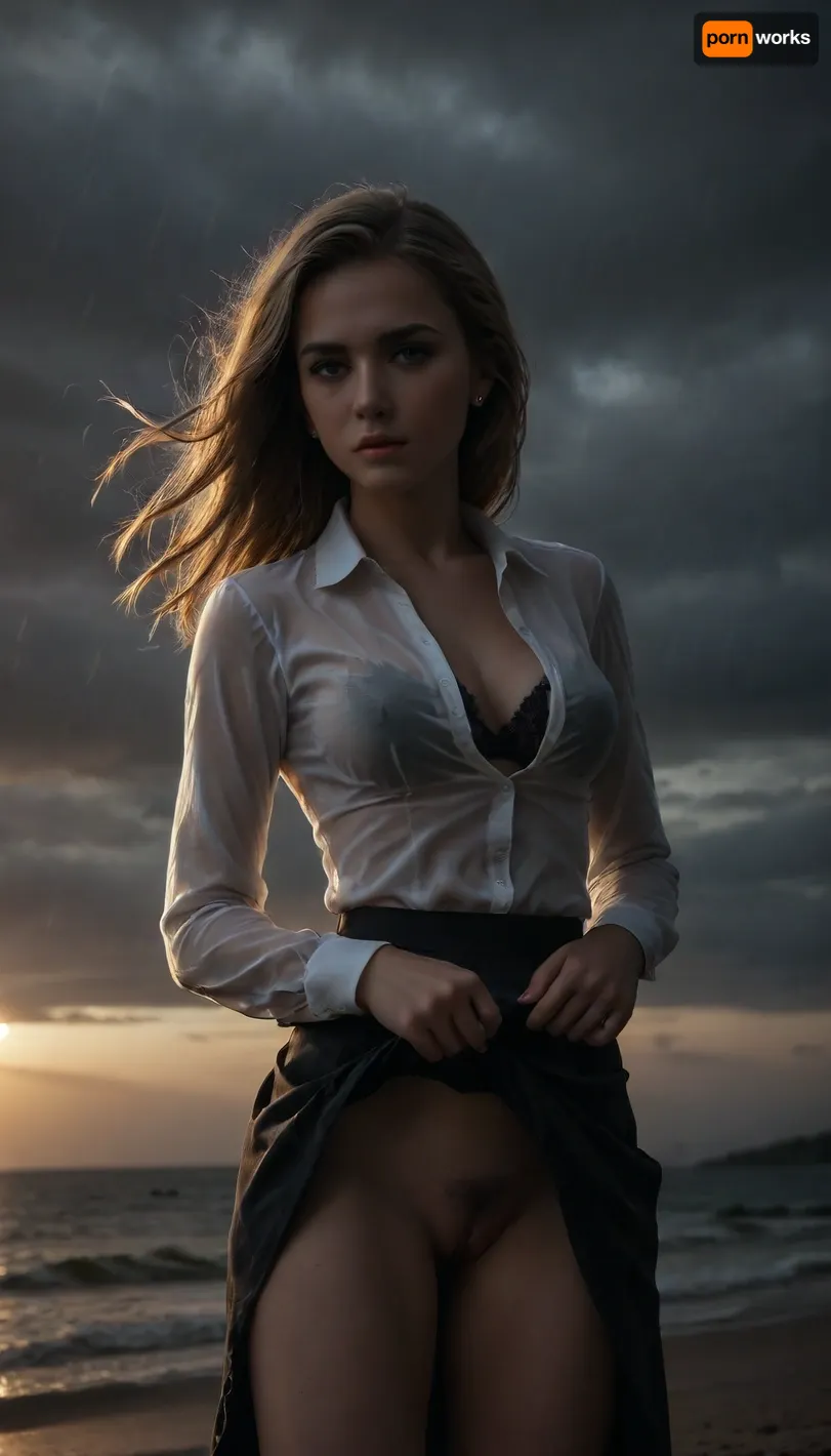 beach, professional photography, high quality, artistic, soft, romantic atmosphere, beautiful thin blonde woman secretary 18 year old, wet, rain, united white shirt, show pussy, upskirt, storm, black lace bra, long skirt, stocking, (((windyskirtlift))), ((skirt torn off by the wind)), ((skirt inflated by the wind)), (wind skirt lift), (((wind, lift, tug))), (((wind lifring skirt))), ((windyupskirt)), (((strong wind))), hairy pussy, side view, skirtlift, undressing, sunlight_str1, <lora:skirtlift_xl:.5>, <lora:add-detail-xl:2>, <lora:dark:.8>, <lora:undressing_XL_v1:2>, <lora:sunlight_str1-SDXL_v1-dim64-steps1691:.8>