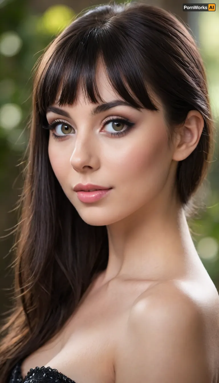 ziprealism, (medium closeup shot, sharp focus, focus on, eyes perfect eyes), (adoring girlfriend, sense of playfulness, intimate esthetic, mischievous eyes, charismatic), (flawless skin, pale alabaster skin, soft blush), (glossy black hair, very long hair, bangs hair cut, hair framing face, stray hair:1.4), (round face, heartshaped face, soft face, large doe eyes, subtle makeup, defined cheekbones, long eyelashes, glittering eyes, adorable dimples:1.5), (tight dress, flattering dress, strapless dress, cleavage, nipple slip, pale breasts:1.2), minimalist composition, textured dark charcoal grey studio background, shallow depth of field, bokeh background, professional color grading, RAW photo quality, striking visual contrast