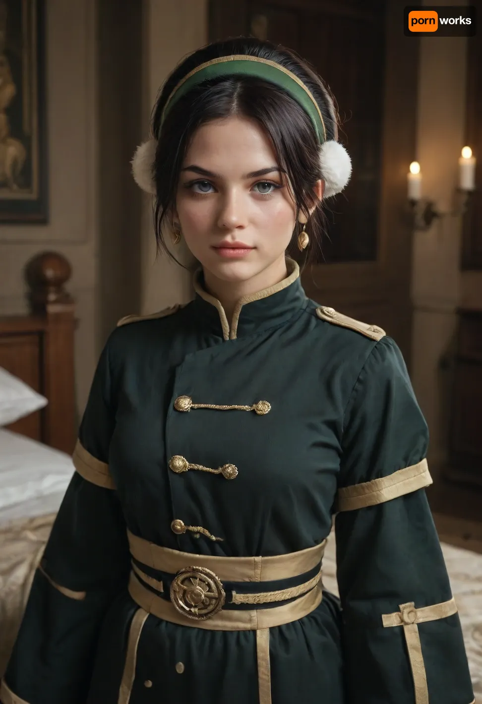 metal bedding Toph Beifong from legend of Kora standing proud in republic city wearing her black uniform