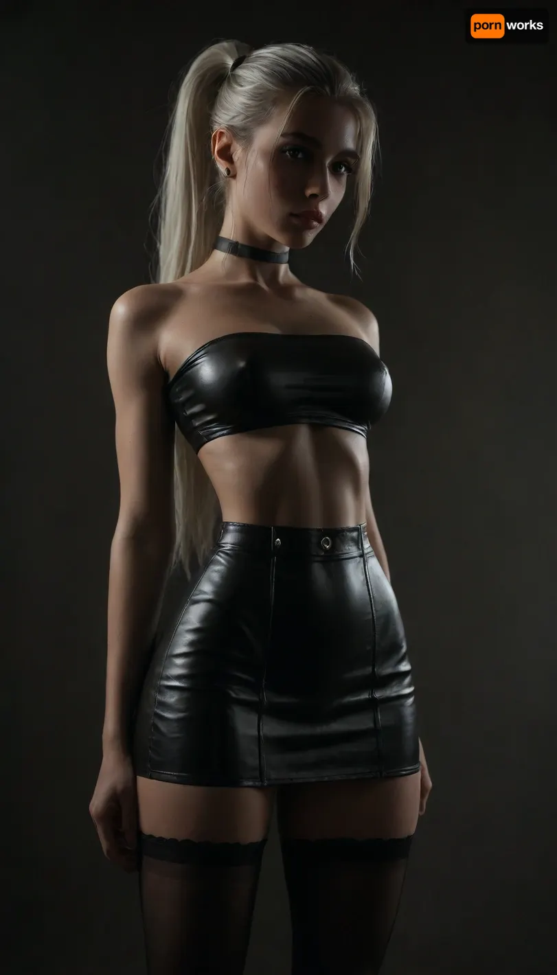 (score_7_up, score_8_up, score_9, 1girl, solo, masterpiece), sultry, seductive, seducing, alluring, intimate, sexual, horny, ((long white ponytail:1.5)), (black leather micro skirt), 18yo girl, (athletic skin body), (narrow waist:1.4), ((hip gap)), insatiable, lustful, erotica, irresistible, ziprealism, wet clothes, ((black leather tiny tube-top With a shoelace:1.4)), (white strings), erected nipples, black choker, oiled skin, (black leather stockings), (garters), (black background, chiaroscuro lighting:.5), underboob, eyes shadows, <lora:sunnyrayyxo_v1_SDXLBase:.4>, <lora:dark:.4>