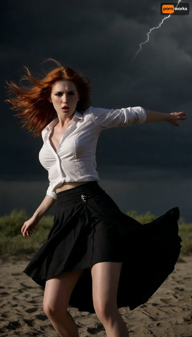 beach, professional photography, high quality, romantic atmosphere, beautiful thin red hair woman witch, unbuttonedshirt, lighting bolt, show pussy, upskirt, storm, long skirt, (((windyskirtlift))), (((wind lifting skirt))), ((Wind)), (((strong wind))), hairy pussy, show nipples, sunlight_str1, <lora:add-detail-xl:2>, <lora:dark:.8>, <lora:undressing_XL_v1:2>, <lora:sunlight_str1-SDXL_v1-dim64-steps1691:.8>