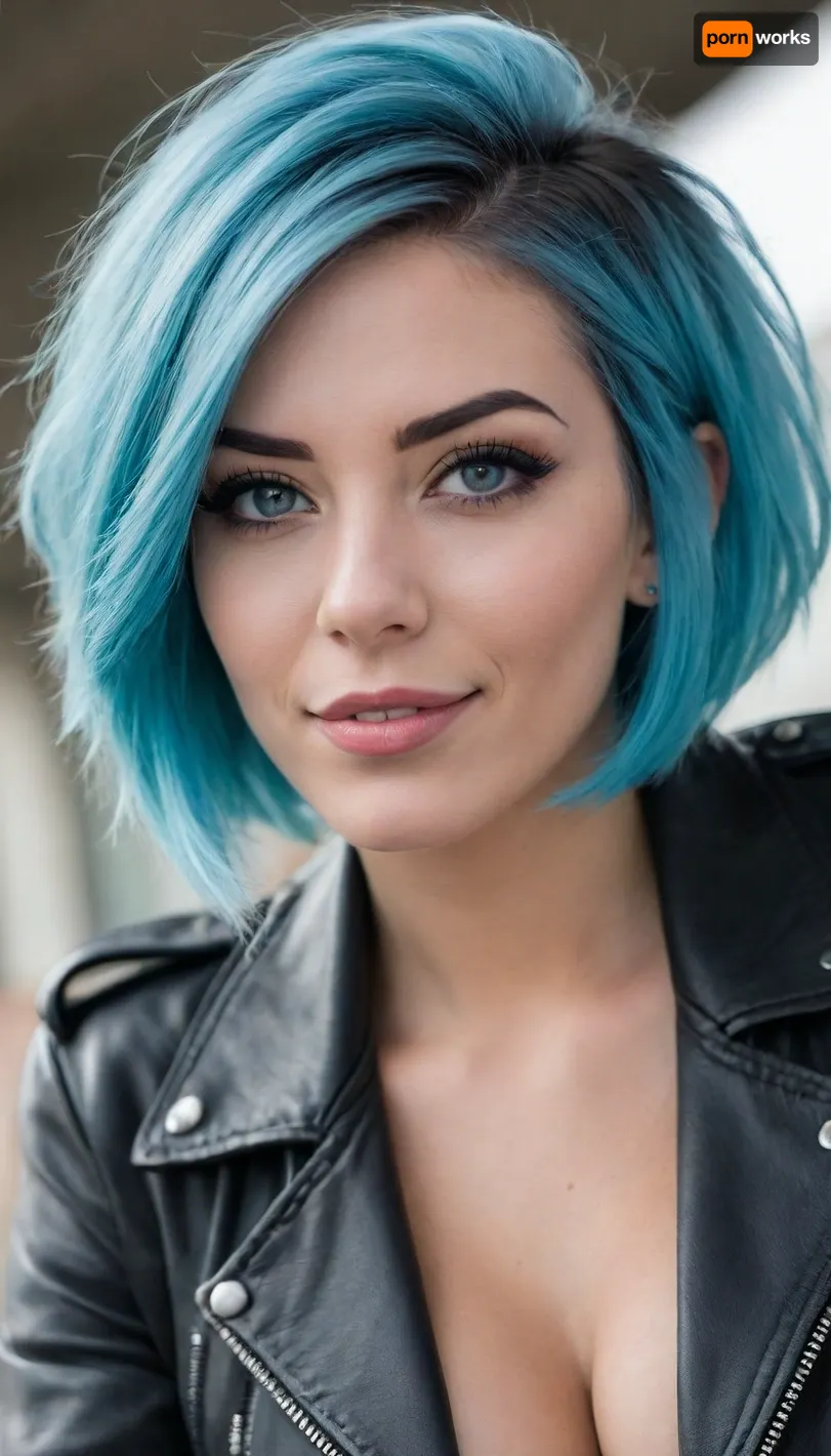 ziprealism, (medium closeup shot, sharp focus, focus on eyes, perfect eyes, low angle shot:1.2), (fierce young woman, sensual snapshot esthetic, mischievous eyes, rockstar attitude, confidence, poised, regal attitude, huge mischievous grin), (ice blue hair with dark highlights, undercut bob hair cut, thick hair, swept back hair style, stray hair, rockstar hair:1.8), (powerful facial features, strong jawline, wide jaw, long eyelashes, heavy eyeliner, dimples:1.5), (leather jacket, open jacket, cleavage, nipple slip, nipple tease:1.4), shallow depth of field, bokeh background, RAW photo quality