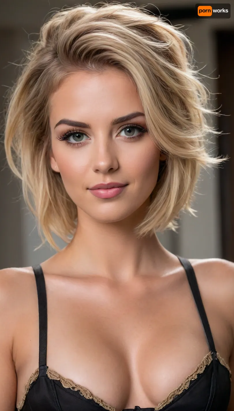 ziprealism, (medium full shot, sharp focus, focus on eyes, perfect eyes, low angle shot:1.2), (fierce young woman, intimate bedroom esthetic, mischievous eyes, rockstar attitude, confidence, poised, regal attitude, sly mischievous smirk), (sandy blonde hair with dark highlights, undercut hair, short hair, thick hair, swept back hair style, stray hair, messy hair:1.8), (powerful facial features, strong jawline, wide jaw, long eyelashes, heavy eyeliner, dimples:1.5), (strict corset, narrow waist:1.6), shallow depth of field, bokeh background, RAW photo quality